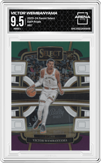 Victor Wembanyama from the 2023-24 Panini Select  set featuring a Green White Purple Prizm parallel graded by Arena Club and given an overall grade of 9.5.