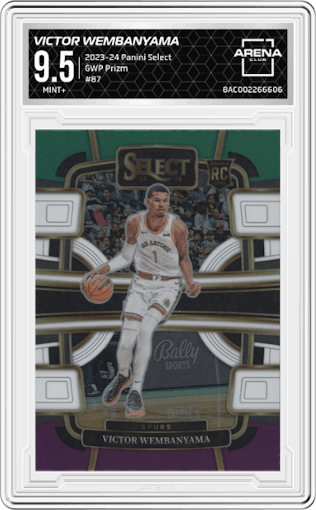 Victor Wembanyama from the 2023-24 Panini Select  set featuring a Green White Purple Prizm parallel graded by Arena Club and given an overall grade of 9.5.