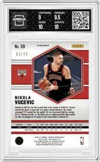 Nikola Vucevic from the 2020-21 Panini Mosaic set featuring a Green Fluorescent parallel graded by Arena Club and given an overall grade of 9.5.