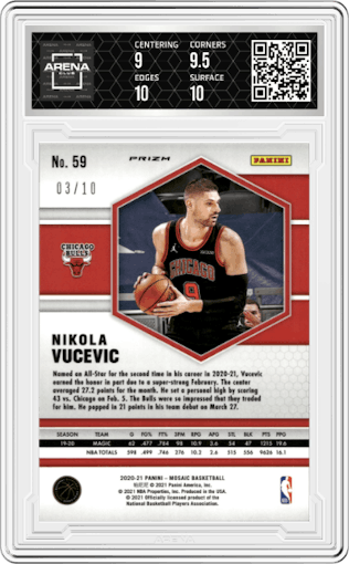 Nikola Vucevic from the 2020-21 Panini Mosaic set featuring a Green Fluorescent parallel graded by Arena Club and given an overall grade of 9.5.