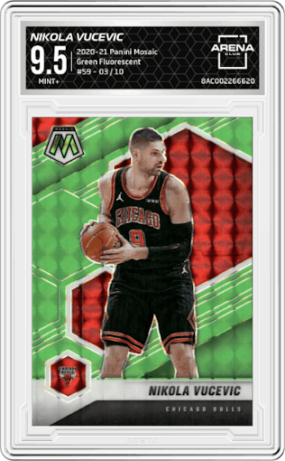 Nikola Vucevic from the 2020-21 Panini Mosaic set featuring a Green Fluorescent parallel graded by Arena Club and given an overall grade of 9.5.