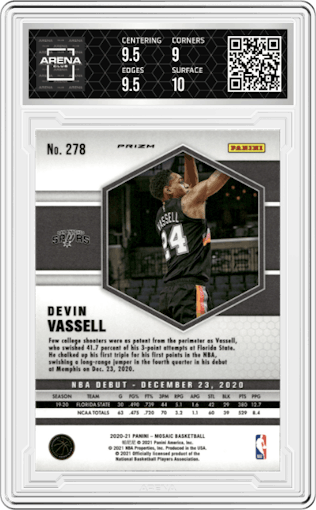 Devin Vassell from the 2020-21 Panini Mosaic set featuring a Gold Wave parallel graded by Arena Club and given an overall grade of 9.5.