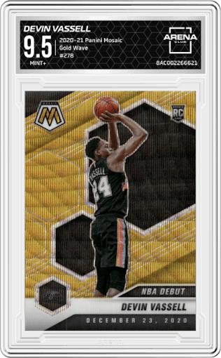 Devin Vassell from the 2020-21 Panini Mosaic set featuring a Gold Wave parallel graded by Arena Club and given an overall grade of 9.5.