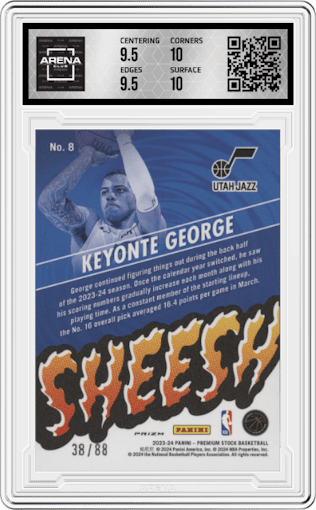 Keyonte George from the 2023-24 Panini Hoops Premium Stock set featuring a  Premium Red Prizm  parallel graded by Arena Club and given an overall grade of 10.