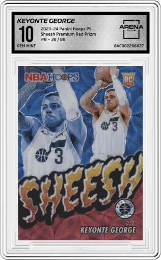 Keyonte George from the 2023-24 Panini Hoops Premium Stock set featuring a  Premium Red Prizm  parallel graded by Arena Club and given an overall grade of 10.