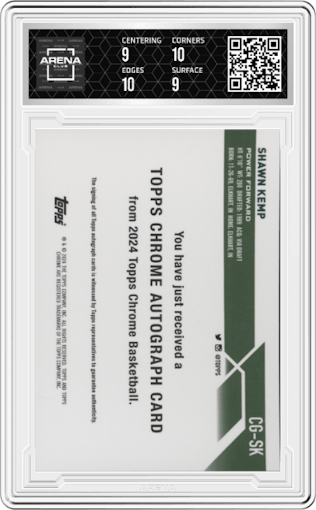 Shawn Kemp from the 2023-24 Topps Chrome set graded by Arena Club and given an overall grade of 9.5.