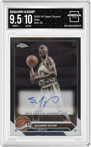 Shawn Kemp from the 2023-24 Topps Chrome set graded by Arena Club and given an overall grade of 9.5.