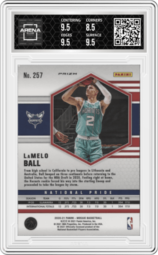 LaMelo Ball from the 2020-21 Panini Mosaic set featuring a Pink Camo parallel graded by Arena Club and given an overall grade of 9.