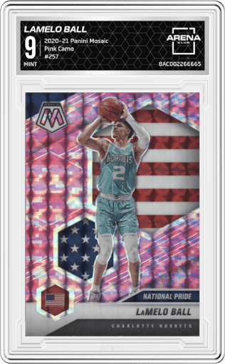 LaMelo Ball from the 2020-21 Panini Mosaic set featuring a Pink Camo parallel graded by Arena Club and given an overall grade of 9.
