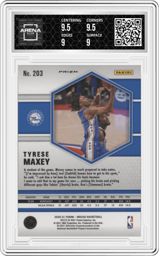 Tyrese Maxey from the 2020-21 Panini Mosaic set featuring a Pink Camo parallel graded by Arena Club and given an overall grade of 9.5.
