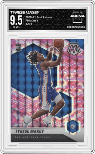 Tyrese Maxey from the 2020-21 Panini Mosaic set featuring a Pink Camo parallel graded by Arena Club and given an overall grade of 9.5.