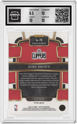 Kobe Brown from the 2023-24 Panini Select  set featuring a Green Prizm parallel graded by Arena Club and given an overall grade of 10.