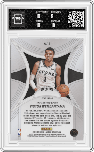 Victor Wembanyama from the 2023-24 Panini Mosaic set featuring a Green Mosaic parallel graded by Arena Club and given an overall grade of 9.5.