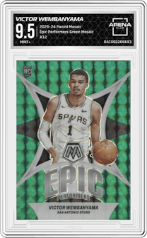 Victor Wembanyama from the 2023-24 Panini Mosaic set featuring a Green Mosaic parallel graded by Arena Club and given an overall grade of 9.5.