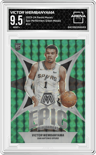 Victor Wembanyama from the 2023-24 Panini Mosaic set featuring a Green Mosaic parallel graded by Arena Club and given an overall grade of 9.5.