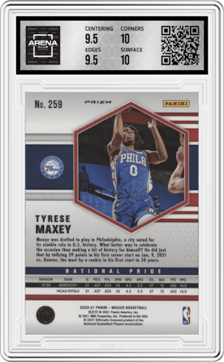 Tyrese Maxey from the 2020-21 Panini Mosaic set featuring a Reactive Red parallel graded by Arena Club and given an overall grade of 10.