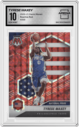 Tyrese Maxey from the 2020-21 Panini Mosaic set featuring a Reactive Red parallel graded by Arena Club and given an overall grade of 10.