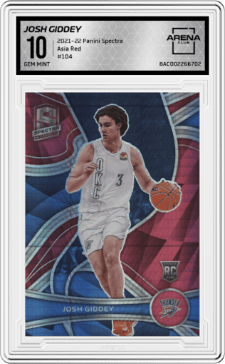 Josh Giddey from the 2021-22 Panini Spectra set featuring a Asia Red parallel graded by Arena Club and given an overall grade of 10.