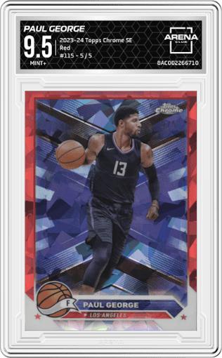 Paul George from the 2023-24 Topps Chrome Sapphire set featuring a Red parallel graded by Arena Club and given an overall grade of 9.5.