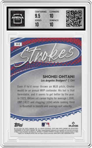Shohei Ohtani from the 2024 Topps Chrome set graded by Arena Club and given an overall grade of 10.
