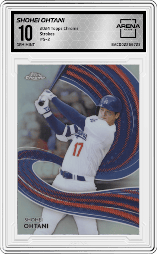 Shohei Ohtani from the 2024 Topps Chrome set graded by Arena Club and given an overall grade of 10.