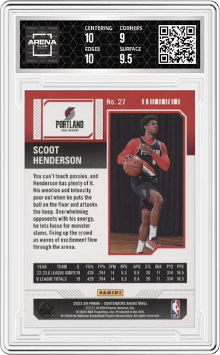 Scoot Henderson from the 2023-24 Panini Contenders set featuring a Conference Finals Ticket parallel graded by Arena Club and given an overall grade of 9.5.
