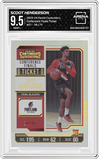 Scoot Henderson from the 2023-24 Panini Contenders set featuring a Conference Finals Ticket parallel graded by Arena Club and given an overall grade of 9.5.