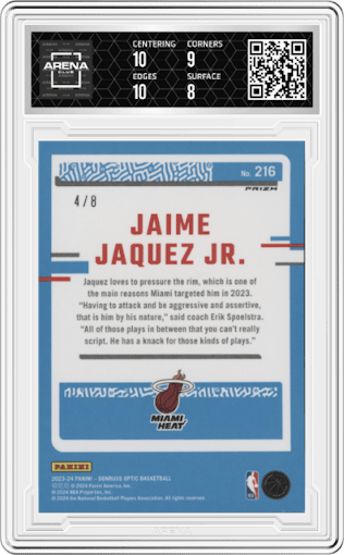 Jaime Jaquez Jr.  from the 2023-24 Donruss Optic set featuring a Lucky Envelopes  parallel graded by Arena Club and given an overall grade of 8.5.
