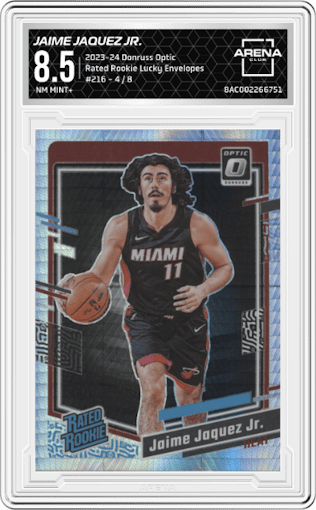 Jaime Jaquez Jr.  from the 2023-24 Donruss Optic set featuring a Lucky Envelopes  parallel graded by Arena Club and given an overall grade of 8.5.