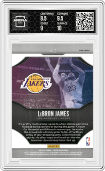 LeBron James from the 2019-20 Panini Prizm set featuring a Fast Break Prizm parallel graded by Arena Club and given an overall grade of 9.