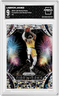 LeBron James from the 2019-20 Panini Prizm set featuring a Fast Break Prizm parallel graded by Arena Club and given an overall grade of 9.