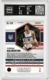 Tyrese Haliburton from the 2020-21 Panini Mosaic set featuring a Pink Camo parallel graded by Arena Club and given an overall grade of 9.5.
