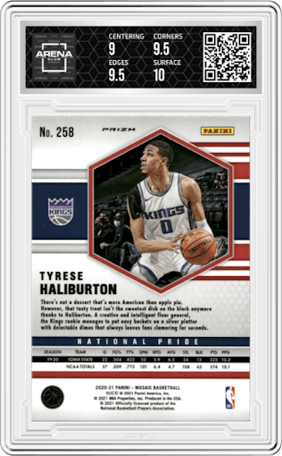 Tyrese Haliburton from the 2020-21 Panini Mosaic set featuring a Pink Camo parallel graded by Arena Club and given an overall grade of 9.5.