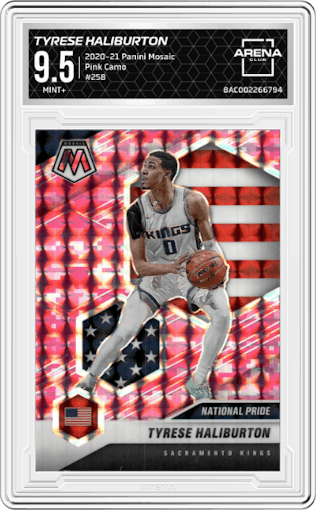Tyrese Haliburton from the 2020-21 Panini Mosaic set featuring a Pink Camo parallel graded by Arena Club and given an overall grade of 9.5.