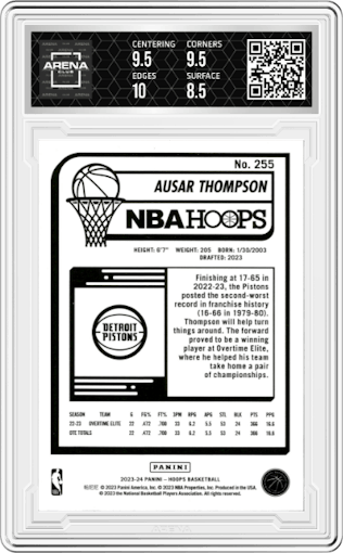 Ausar Thompson from the 2023-24 Panini NBA Hoops set featuring a Silver parallel graded by Arena Club and given an overall grade of 9.