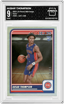 Ausar Thompson from the 2023-24 Panini NBA Hoops set featuring a Silver parallel graded by Arena Club and given an overall grade of 9.