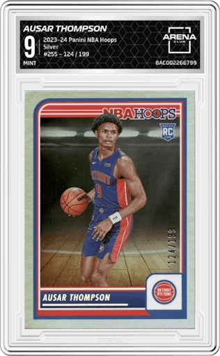 Ausar Thompson from the 2023-24 Panini NBA Hoops set featuring a Silver parallel graded by Arena Club and given an overall grade of 9.
