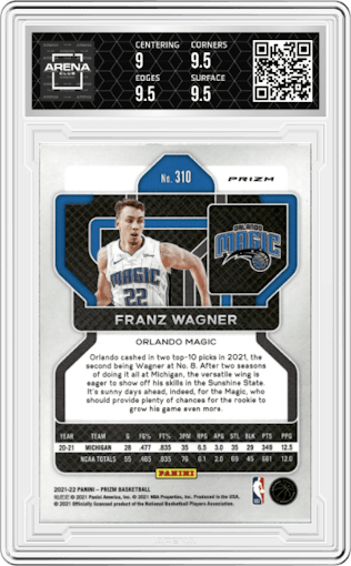Franz Wagner from the 2021-22 Panini Prizm  set featuring a Purple Wave parallel graded by Arena Club and given an overall grade of 9.5.