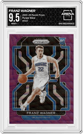 Franz Wagner from the 2021-22 Panini Prizm  set featuring a Purple Wave parallel graded by Arena Club and given an overall grade of 9.5.