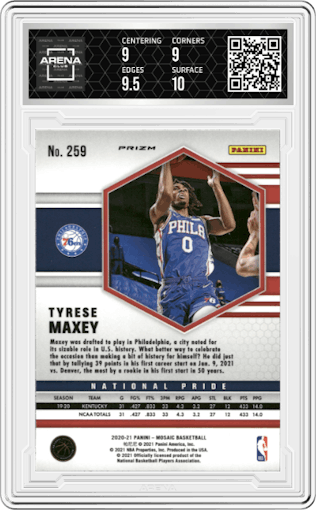 Tyrese Maxey from the 2020-21 Panini Mosaic set featuring a Green Ice parallel graded by Arena Club and given an overall grade of 9.5.