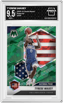 Tyrese Maxey from the 2020-21 Panini Mosaic set featuring a Green Ice parallel graded by Arena Club and given an overall grade of 9.5.