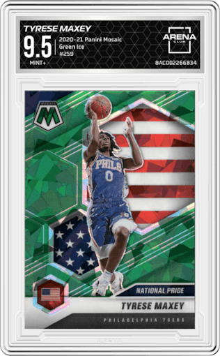 Tyrese Maxey from the 2020-21 Panini Mosaic set featuring a Green Ice parallel graded by Arena Club and given an overall grade of 9.5.