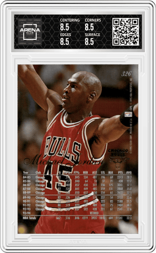 Michael Jordan from the 1994-95 Flair set graded by Arena Club and given an overall grade of 8.5.