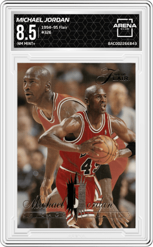 Michael Jordan from the 1994-95 Flair set graded by Arena Club and given an overall grade of 8.5.
