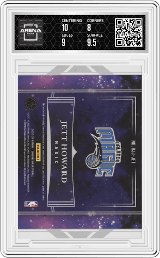Jett Howard from the 2023-24 Panini Origins set featuring a Green parallel graded by Arena Club and given an overall grade of 8.5.