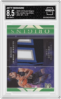 Jett Howard from the 2023-24 Panini Origins set featuring a Green parallel graded by Arena Club and given an overall grade of 8.5.