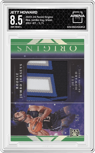 Jett Howard from the 2023-24 Panini Origins set featuring a Green parallel graded by Arena Club and given an overall grade of 8.5.