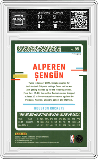 Alperen Sengun from the 2023-24 Donruss Optic set featuring a Photon  parallel graded by Arena Club and given an overall grade of 9.5.