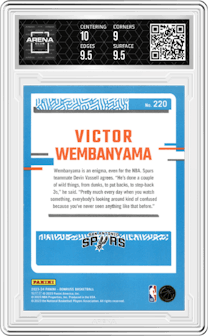 Victor Wembanyama from the 2023-24 Panini Donruss set featuring a Green Holo Laser  parallel graded by Arena Club and given an overall grade of 9.5.