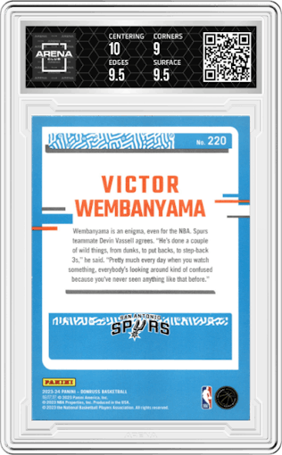 Victor Wembanyama from the 2023-24 Panini Donruss set featuring a Green Holo Laser  parallel graded by Arena Club and given an overall grade of 9.5.